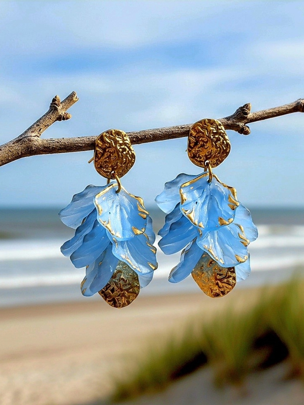Gold & Sky Blue Petal Drop Earrings - Women Jewelry - Summer - NEW
